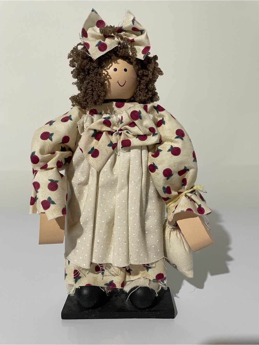 Wooden Doll with Cream Dress with Apple Print Bow